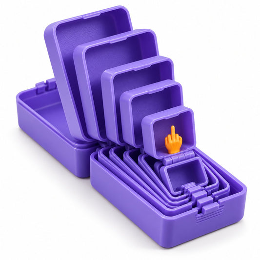 The Ultimate Prank Gift Box – 6 nested purple boxes opened in a staircase with the tiny surprise inside