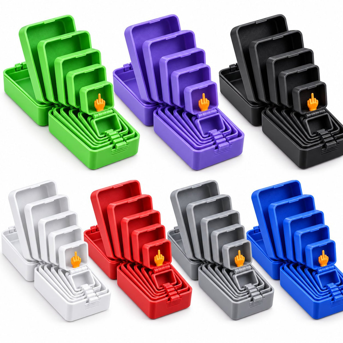 The prank gift box in all 7 colors: green, purple, black, white, red, gray and blue