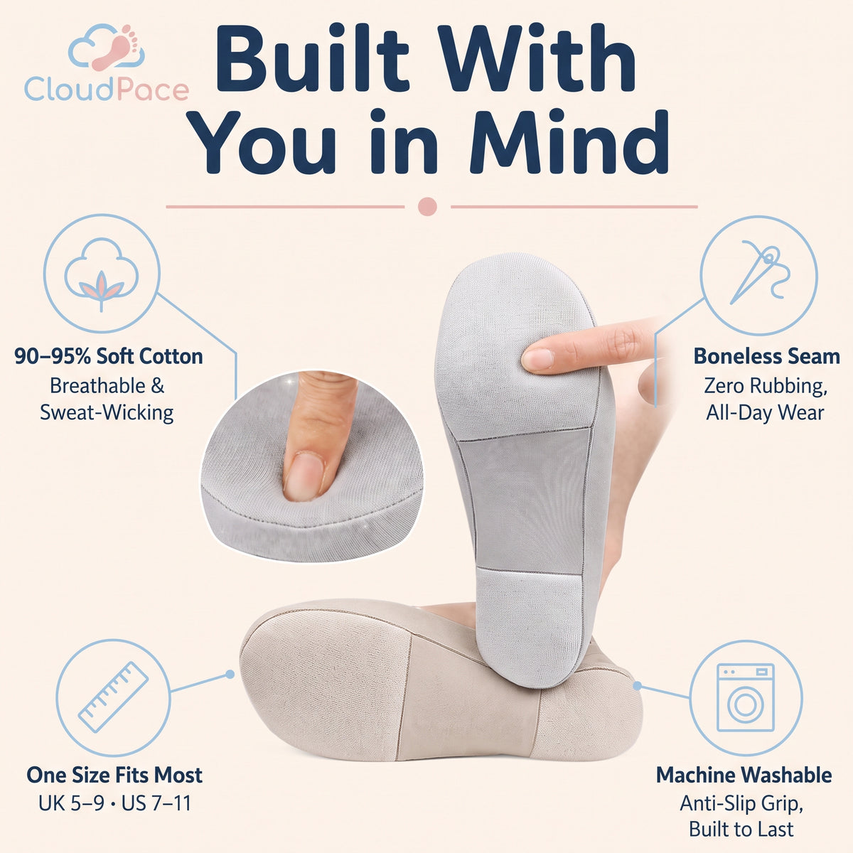 CloudPace™ Cushioned Invisible Socks, 2 Pairs
